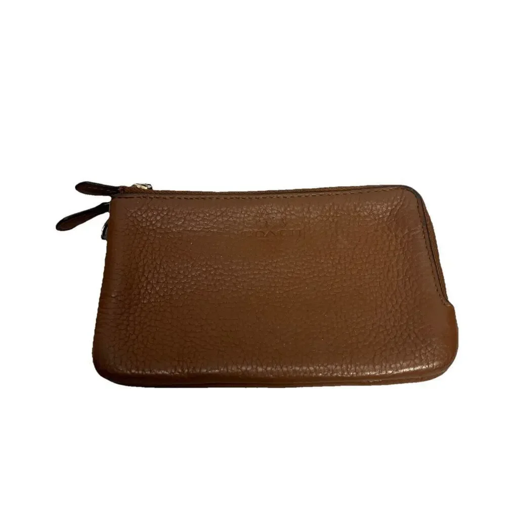 COACH Pebble Leather Double Zip Wristlet Wallet, Saddle Brown With Gold Accents
